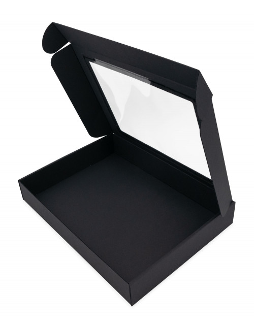 Musta lahjapaketti, jossa on läpinäkyvä ikkuna