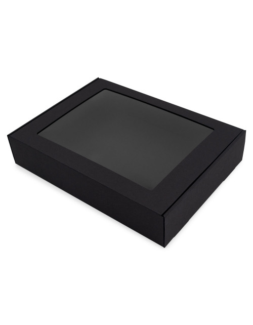 Musta lahjapaketti, jossa on läpinäkyvä ikkuna