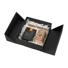 Square double door black gift box with integrated satin ribbon - packaging example, 220x220x90 mm