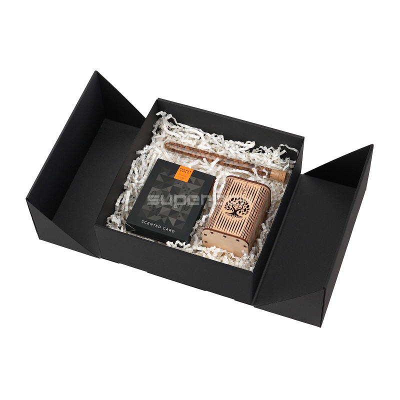 Square Double Door Black Box with Integrated Gold Ribbon
