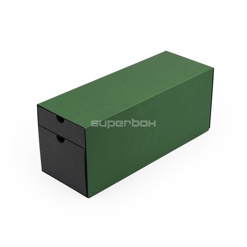 Green oblong gift box for bottle with two drawers, 320x108x90 mm