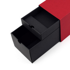 Red oblong gift box for bottle with two drawers, 320x108x90 mm