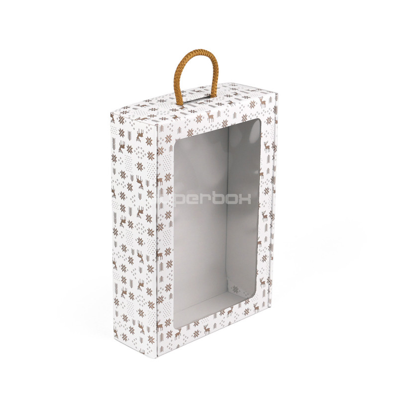 White Suitcase Style Gift Box with Winter Patterns and Window