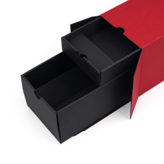 Closed red oblong gift box for bottle with wo drawers, 320x108x90 mm