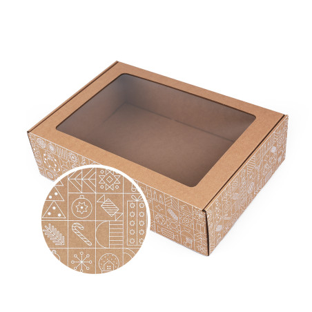 Brown Christmas gift box with a clear PVC window and festive white pattern, 305×215×85 mm