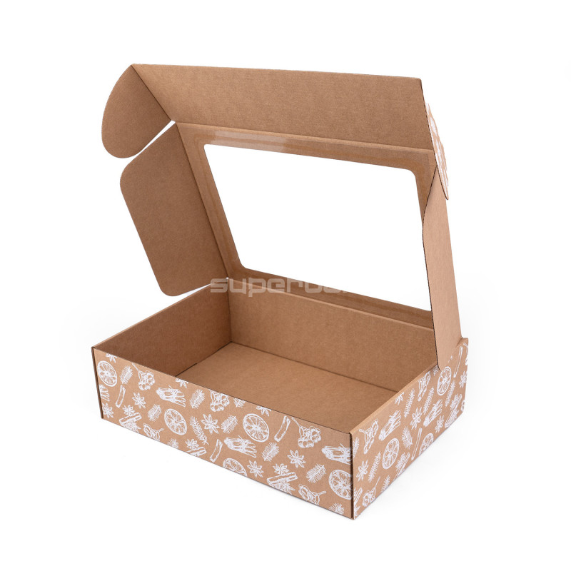 Ruskea A4-laatikko joulukuvioilla ja ikkunalla Ruskea A4-laatikko joulukuvioilla ja ikkunalla