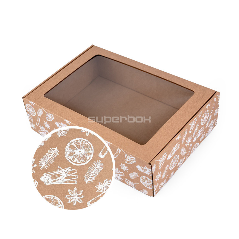 Ruskea A4-laatikko joulukuvioilla ja ikkunalla, 305x215x85 mm Ruskea A4-laatikko joulukuvioilla ja ikkunalla, 305x215x85 mm