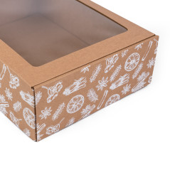 Brown A4 box with Christmas motifs and window, 305x215x85 mm
