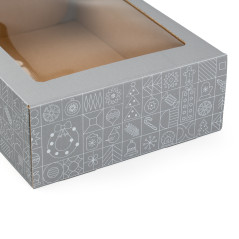 Grey Christmas gift box with a clear PVC window and festive white pattern, 305×215×85 mm