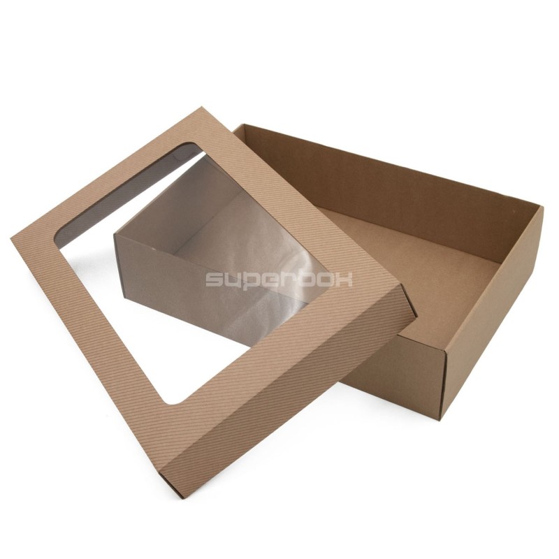 Brown Base-Lid Gift Box with Stripes and Window of 8,5 cm Height