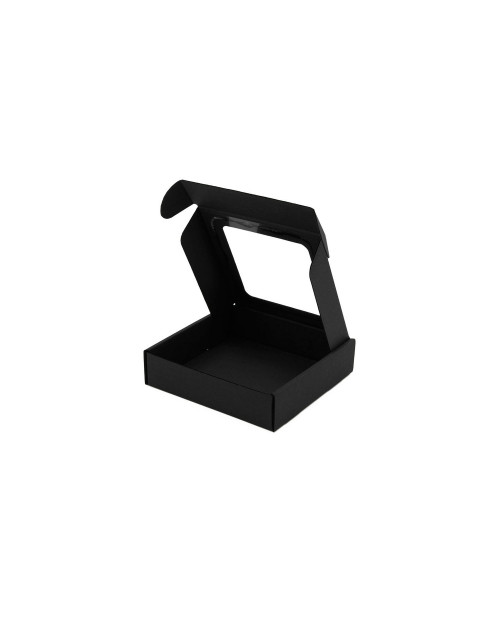 Musta matala neliönmuotoinen minilaatikko, jossa on ikkuna pienille esineille