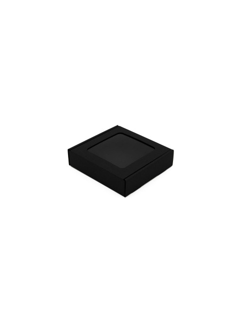 Musta matala neliönmuotoinen minilaatikko, jossa on ikkuna pienille esineille