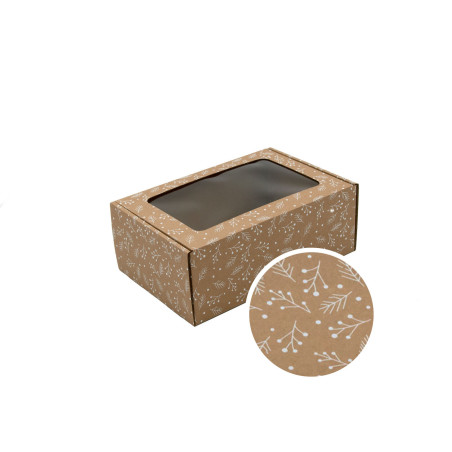 Brown A5 Size Gift Box with Clear Window and White Berry Pattern