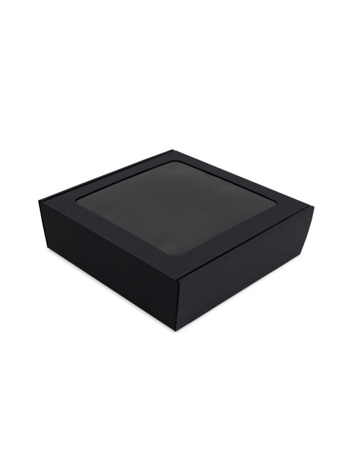 Musta neliönmuotoinen laatikko ikkunalla, korkeus 9 cm