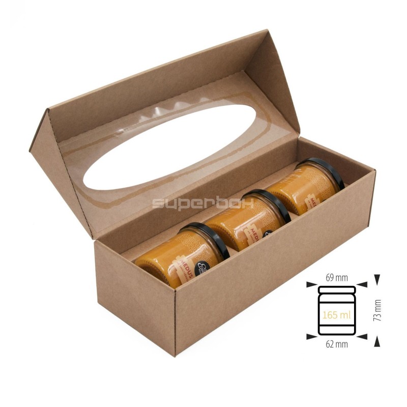 Brown Oblong Gift Box with Oval Window for 3 Jars