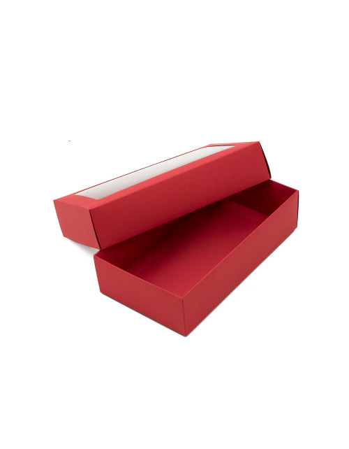 Punainen kaksiosainen pahvinen lahjapaketti, jossa on ikkuna