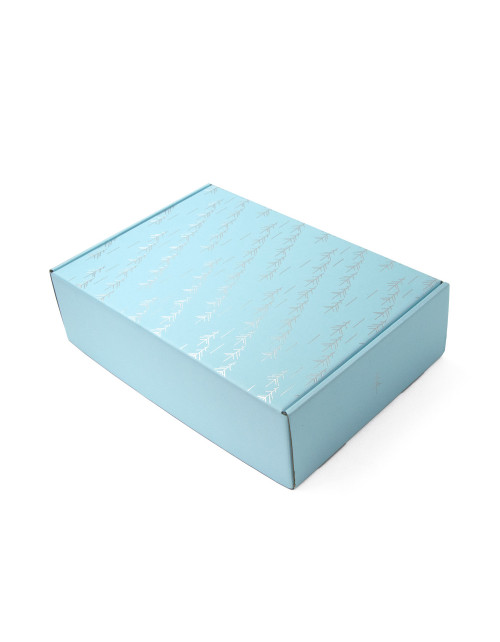 Sininen A4-laatikko, jossa hopeafolioprintti