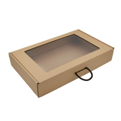 Brown Large Gift Box of Suitcase Type with Textile Handle and Transparent Window