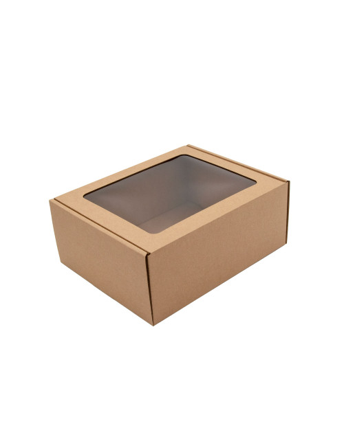 Standardikokoinen ruskea lahjapaketti, jossa on ikkuna kosmetiikkatuotteiden pakkaamiseen