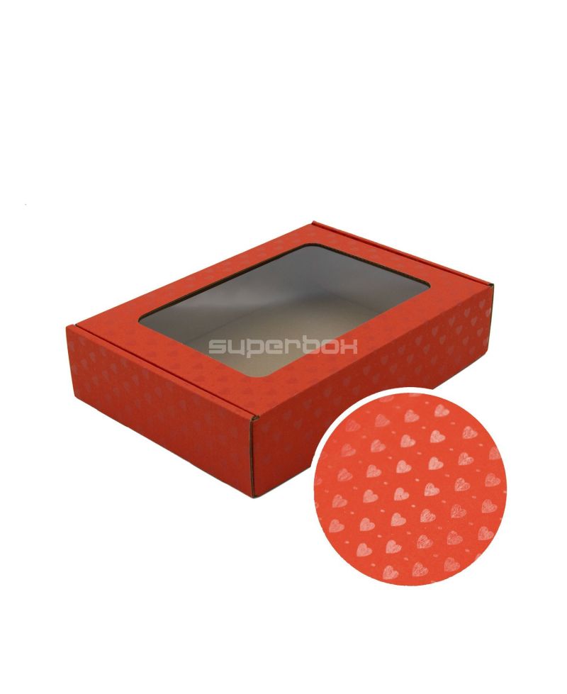 Red Gift Box With Window and Heart Pattern, 5 cm High