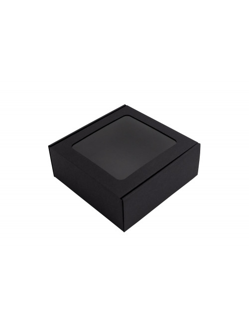Musta laatikko, jossa on PVC-ikkuna kastikkapurkkien pakkaamiseen