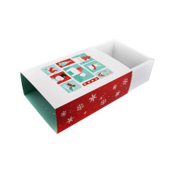 Christmas gift box with a pull-out drawer and festive illustrations - side view