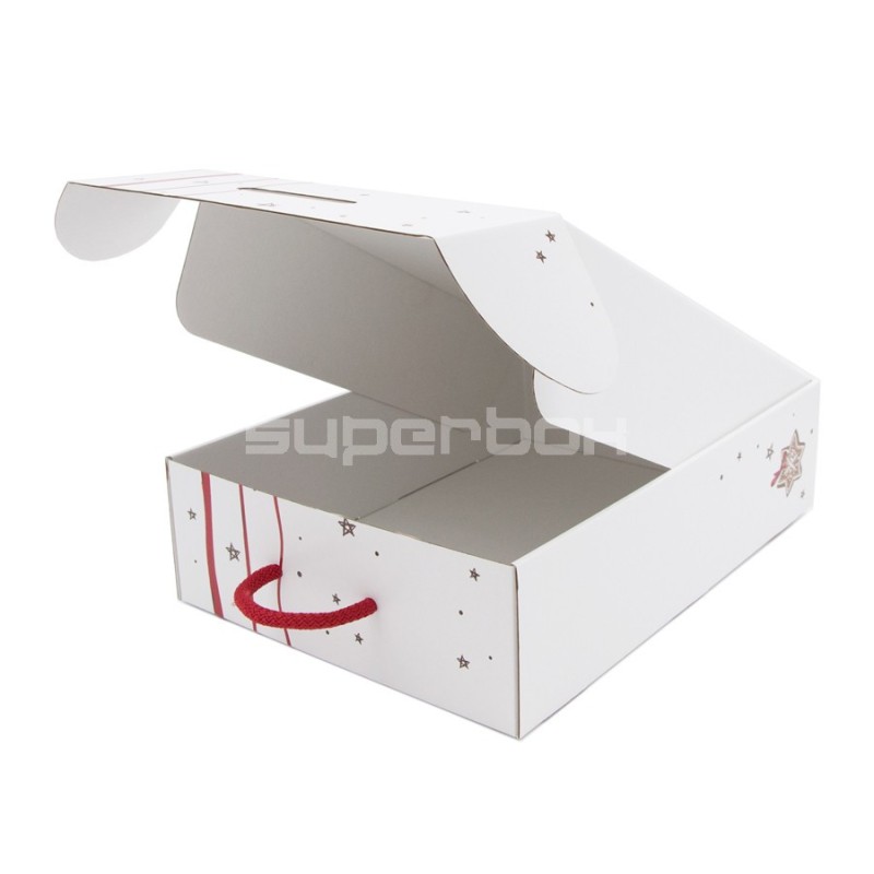 White Gift Box with Window, Handle and Red Christmas Pattern