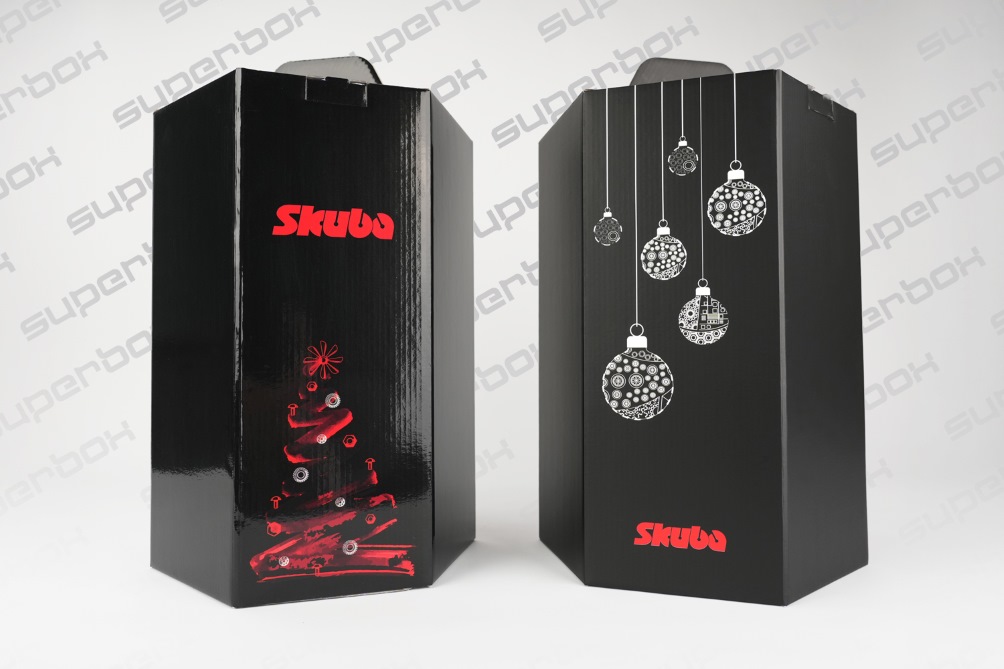 Two custom printed black boxes: one with a glossy finish and one with a matte lamination