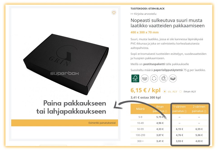 Painatuksen hinnat pakkaus- tai lahjapaketeille