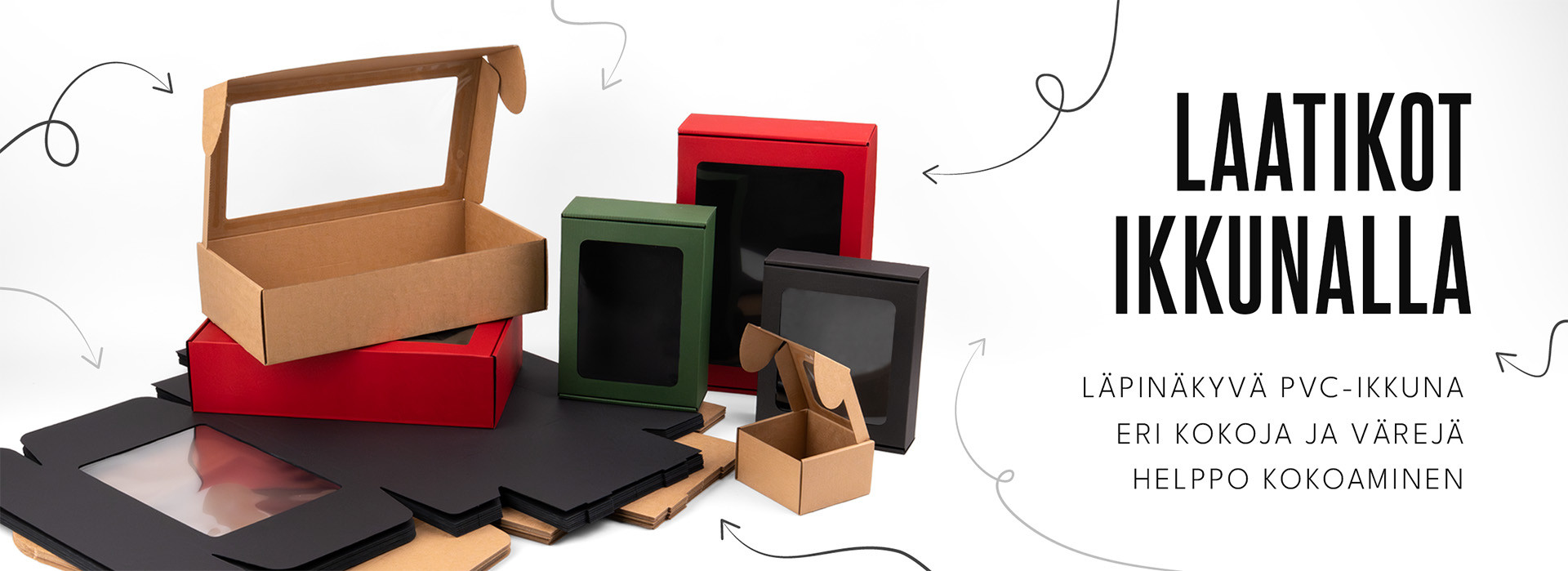 Eri kokoisia ja värisiä pahvilaatikoita läpinäkyvin PVC-ikkunoin valkoisella taustalla.